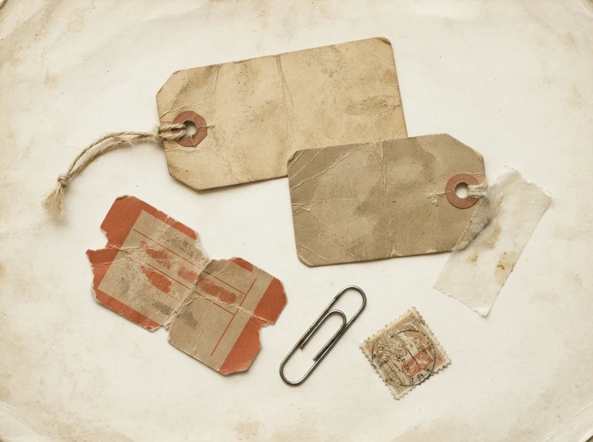Old luggage tags, a postage stamp, a paperclip and a torn label on paper